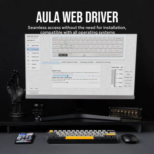 Alt view image 5 of 7 - EPOMAKER Aula WIN60 HE 60% Wired Magnetic Keyboard with Adjustable Actuation, 8000 Hz Polling Rate, Hall Effect Switches, Hot-Swap, for FPS Games (Grey&Yellow)