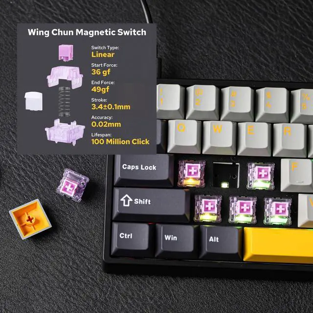 Alt view image 4 of 7 - EPOMAKER Aula WIN60 HE 60% Wired Magnetic Keyboard with Adjustable Actuation, 8000 Hz Polling Rate, Hall Effect Switches, Hot-Swap, for FPS Games (Grey&Yellow)