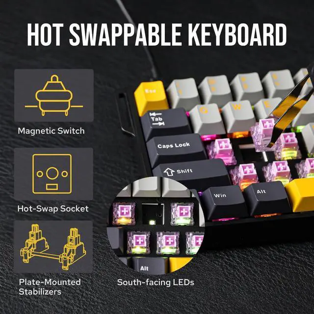 Alt view image 6 of 7 - EPOMAKER Aula WIN60 HE 60% Wired Magnetic Keyboard with Adjustable Actuation, 8000 Hz Polling Rate, Hall Effect Switches, Hot-Swap, for FPS Games (Grey&Yellow)