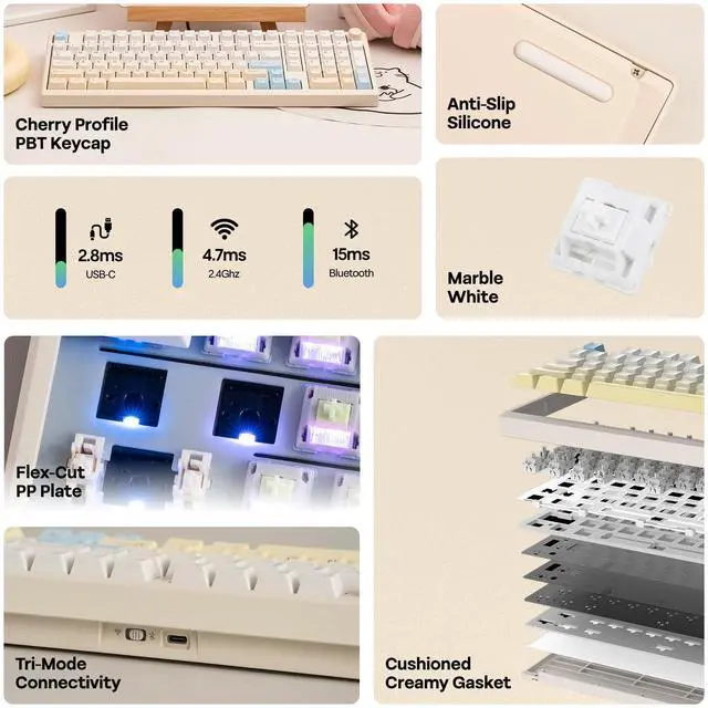 Alt view image 3 of 7 - EPOMAKER Galaxy100 Lite QMK/VIA Gaming Keyboard with 8000mAh Battery and Numpad, 1800 Aluminum Mechanical Keyboard, USB-C/BT/2.4Ghz, Hot-Swap, Creamy Sound (Creamy White, Marble White Switch)
