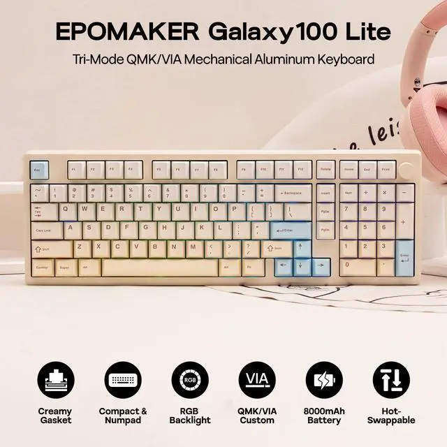 Alt view image 2 of 7 - EPOMAKER Galaxy100 Lite QMK/VIA Gaming Keyboard with 8000mAh Battery and Numpad, 1800 Aluminum Mechanical Keyboard, USB-C/BT/2.4Ghz, Hot-Swap, Creamy Sound (Creamy White, Marble White Switch)