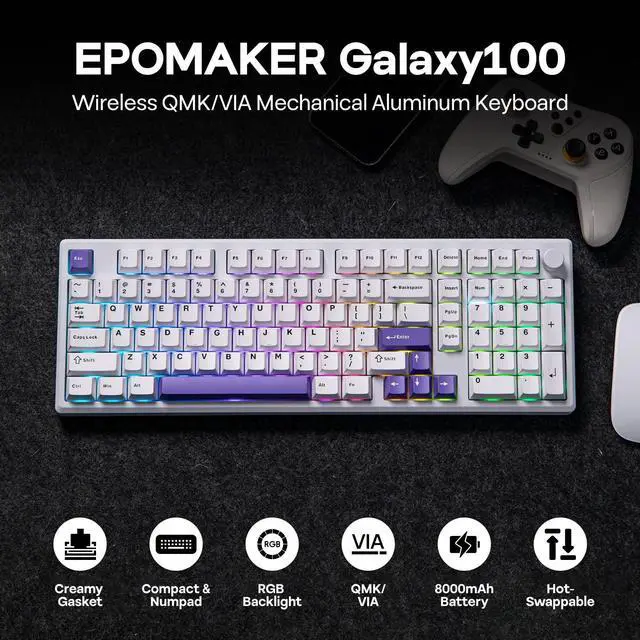 Alt view image 2 of 7 - EPOMAKER Galaxy100 QMK/VIA Wireless Mechanical Keyboard with 8000mAh Battery and Numpad, CNC Aluminum, Full Size Gaming Keyboard, USB-C/BT5.0/2.4Ghz (White Purple, Marble White Switch)