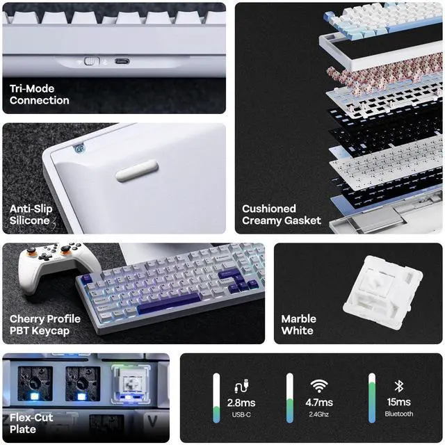 Alt view image 3 of 7 - EPOMAKER Galaxy100 QMK/VIA Wireless Mechanical Keyboard with 8000mAh Battery and Numpad, CNC Aluminum, Full Size Gaming Keyboard, USB-C/BT5.0/2.4Ghz (White Purple, Marble White Switch)