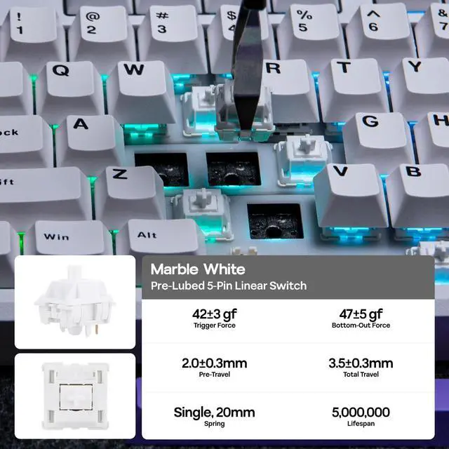 Alt view image 6 of 7 - EPOMAKER Galaxy100 QMK/VIA Wireless Mechanical Keyboard with 8000mAh Battery and Numpad, CNC Aluminum, Full Size Gaming Keyboard, USB-C/BT5.0/2.4Ghz (White Purple, Marble White Switch)