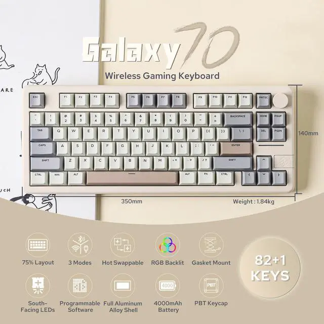 Alt view image 2 of 7 - EPOMAKER Galaxy70 Wireless Gaming Keyboard, 75% Aluminium Mechanical Keyboard, Bluetooth 5.0/2.4GHz/USB-C Wired, Programmable, Hot Swappable, for PC/Mac/Office/Gaming (White, Petal Switch)