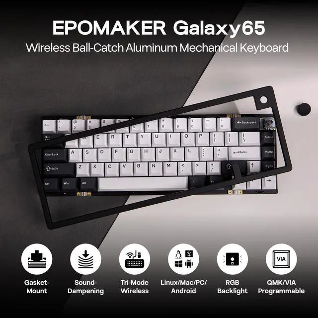 Alt view image 2 of 7 - EPOMAKER Galaxy65 Wireless QMK/VIA Mechanical Keyboard, Ball-Catch Anodized Aluminum Custom Keyboard, Pre-Lubed Hot-Swappable Switch, RGB Backlit, Rotary Knob, 2.4Ghz/BT/Type-C (Black)