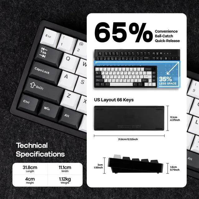 Alt view image 4 of 7 - EPOMAKER Galaxy65 Wireless QMK/VIA Mechanical Keyboard, Ball-Catch Anodized Aluminum Custom Keyboard, Pre-Lubed Hot-Swappable Switch, RGB Backlit, Rotary Knob, 2.4Ghz/BT/Type-C (Black)