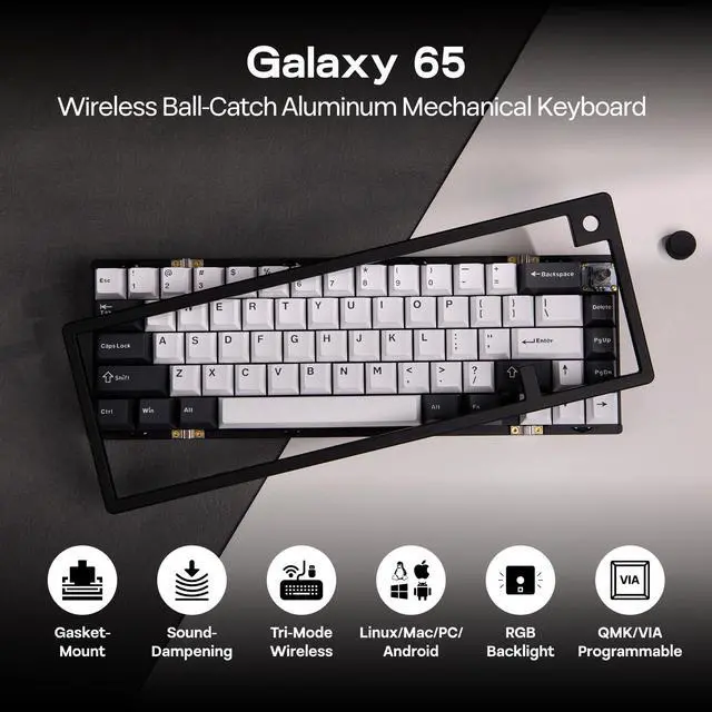 Alt view image 2 of 7 - EPOMAKER Galaxy65 Wireless QMK/VIA Mechanical Keyboard, Ball-Catch Anodized Aluminum Custom Keyboard, Pre-Lubed Hot-Swappable Switch, RGB Backlit, Rotary Knob, 2.4Ghz/BT/Type-C (Black)