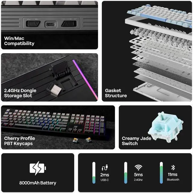 Alt view image 2 of 7 - EPOMAKER TH108 Full Size Mechanical Keyboard, Wireless Gaming Keyboard with 8000mAh Battery, Creamy Gasket, 108 Keys, Hot Swap, Custom Driver, RGB Backlight (Black, Creamy Jade)