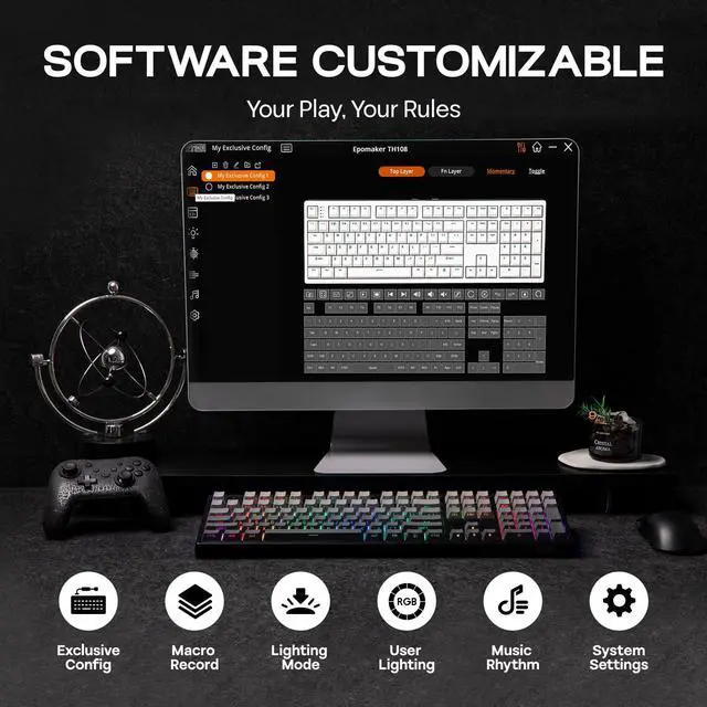 Alt view image 6 of 7 - EPOMAKER TH108 Full Size Mechanical Keyboard, Wireless Gaming Keyboard with 8000mAh Battery, Creamy Gasket, 108 Keys, Hot Swap, Custom Driver, RGB Backlight (Black, Creamy Jade)