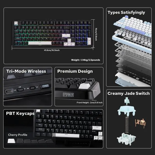Alt view image 2 of 7 - EPOMAKER TH99 Tri-Mode Wireless Mechanical Keyboard with 8000mAh Battery, Hot Swappable Custom RGB Gaming Keyboard with Numpad, Gasket Creamy for PC/Mac/Office (Black, Creamy Jade)