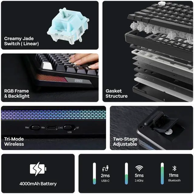 Alt view image 2 of 7 - EPOMAKER TH85 QMK/VIA Wireless Gaming Keyboard, BT5.0/2.4GHz/USB-C, Hot Swappable Pre-lubed Custom Creamy Jade Linear Switches, Gasket Creamy Keyboard for PC/Mac/Office/Gaming (Black)