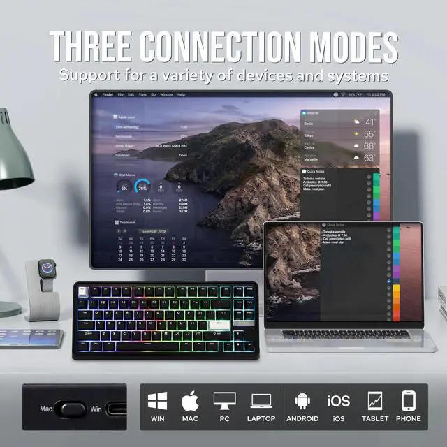 Alt view image 3 of 7 - EPOMAKER TH85 QMK/VIA Wireless Gaming Keyboard, BT5.0/2.4GHz/USB-C, Hot Swappable Pre-lubed Custom Creamy Jade Linear Switches, Gasket Creamy Keyboard for PC/Mac/Office/Gaming (Black)