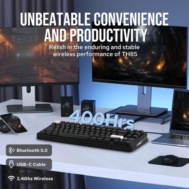 Alt view image 5 of 7 - EPOMAKER TH85 QMK/VIA Wireless Gaming Keyboard, BT5.0/2.4GHz/USB-C, Hot Swappable Pre-lubed Custom Creamy Jade Linear Switches, Gasket Creamy Keyboard for PC/Mac/Office/Gaming (Black)