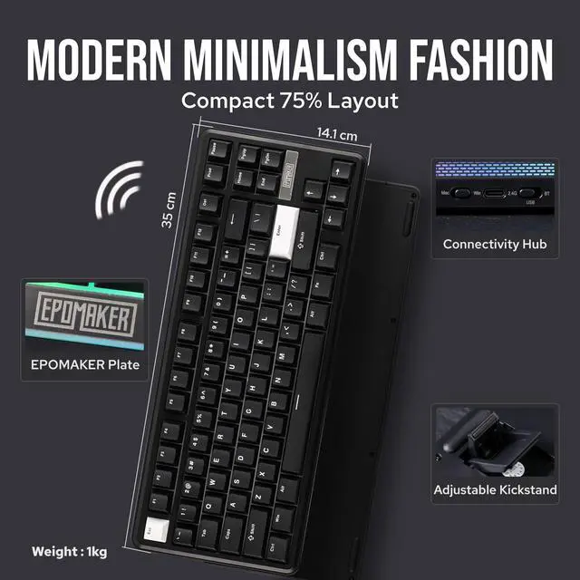 Alt view image 7 of 7 - EPOMAKER TH85 QMK/VIA Wireless Gaming Keyboard, BT5.0/2.4GHz/USB-C, Hot Swappable Pre-lubed Custom Creamy Jade Linear Switches, Gasket Creamy Keyboard for PC/Mac/Office/Gaming (Black)