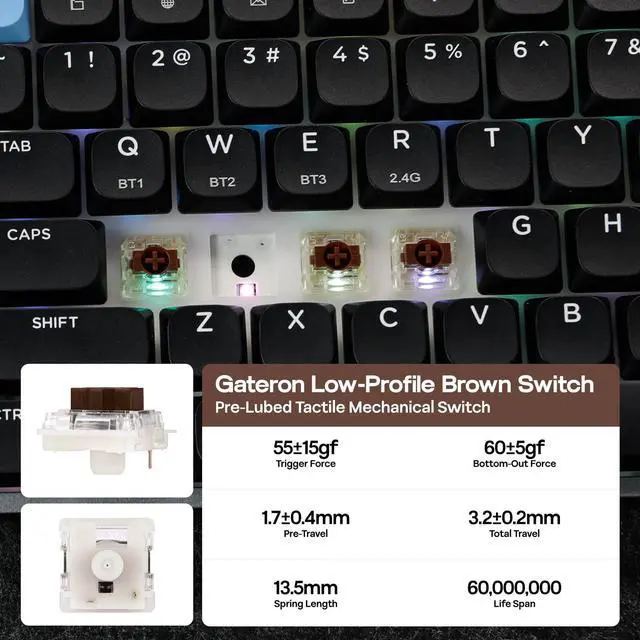 Alt view image 3 of 7 - EPOMAKER Luma84 Low Profile Aluminum Mechanical Keyboard, QMK/VIA Programmable, Tri-Mode Wireless, Win/MAC/Linux Compatible, RGB Backlight (Black&Blue, Gateron Low-Profile Brown Switch)