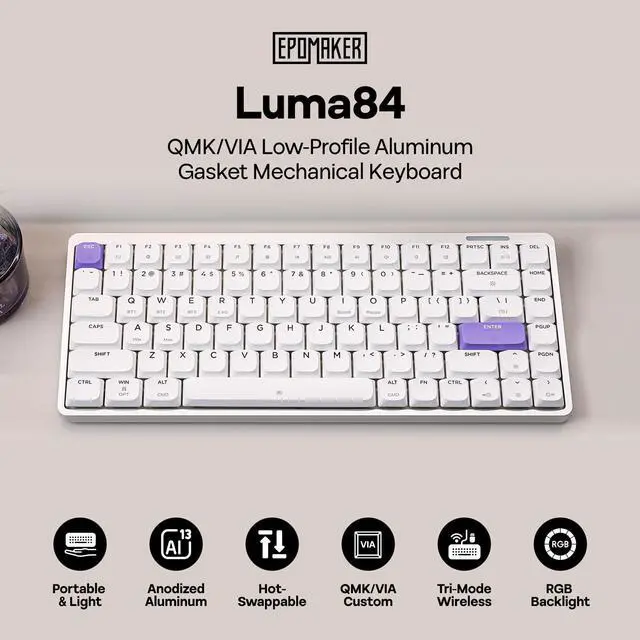 Alt view image 2 of 7 - EPOMAKER Luma84 Low Profile Aluminum Mechanical Keyboard, QMK/VIA Programmable, Tri-Mode Wireless, Win/MAC/Linux Compatible, RGB Backlight (White&Purple, Gateron Low-Profile Brown Switch)