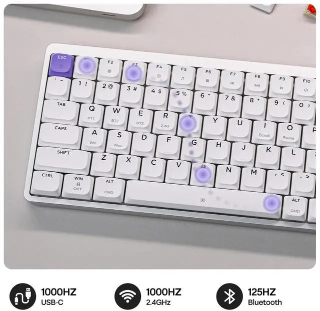 Alt view image 4 of 7 - EPOMAKER Luma84 Low Profile Aluminum Mechanical Keyboard, QMK/VIA Programmable, Tri-Mode Wireless, Win/MAC/Linux Compatible, RGB Backlight (White&Purple, Gateron Low-Profile Brown Switch)
