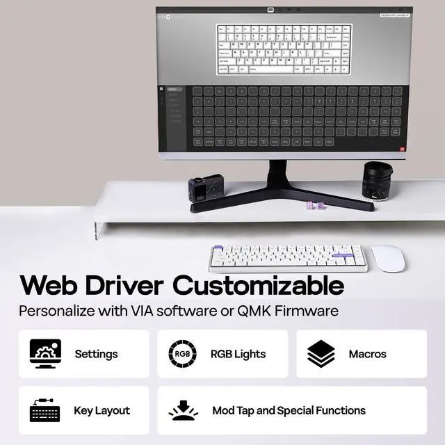 Alt view image 6 of 7 - EPOMAKER Luma84 Low Profile Aluminum Mechanical Keyboard, QMK/VIA Programmable, Tri-Mode Wireless, Win/MAC/Linux Compatible, RGB Backlight (White&Purple, Gateron Low-Profile Brown Switch)