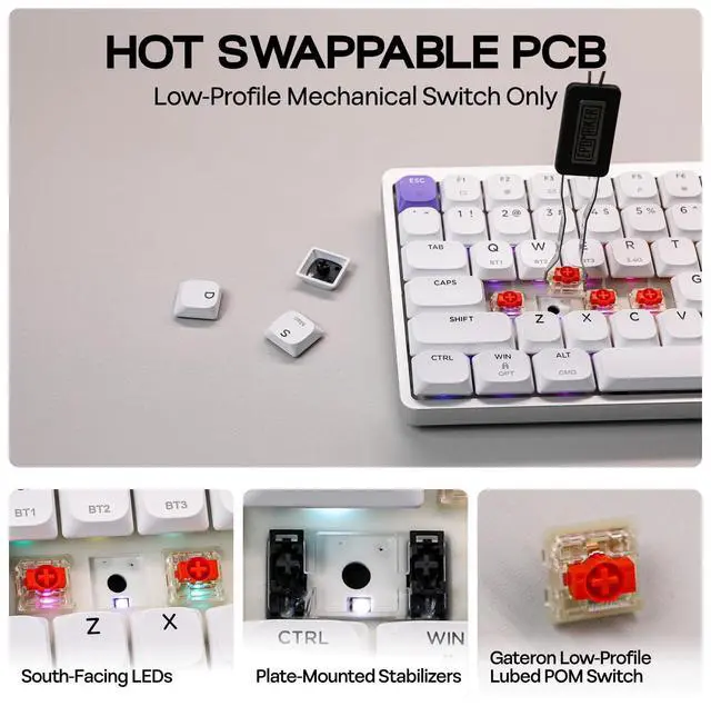 Alt view image 5 of 7 - EPOMAKER Luma84 Low Profile Aluminum Mechanical Keyboard, QMK/VIA Programmable, Tri-Mode Wireless, Win/MAC/Linux Compatible, RGB Backlight (White&Purple, Gateron Low-Profile Brown Switch)