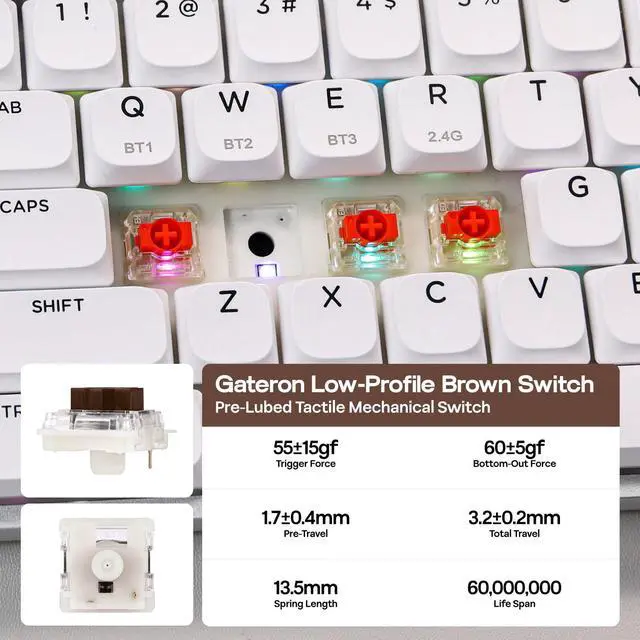 Alt view image 3 of 7 - EPOMAKER Luma84 Low Profile Aluminum Mechanical Keyboard, QMK/VIA Programmable, Tri-Mode Wireless, Win/MAC/Linux Compatible, RGB Backlight (White&Purple, Gateron Low-Profile Brown Switch)