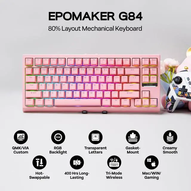 Alt view image 2 of 7 - EPOMAKER G84 80% RGB Gaming Mechanical Keyboard, 2.4GHz/ Type-C/BT Wireless Keyboard, QMK/VIA Programmable, Hot-Swappable, NKRO, with Shine Through PBT Keycaps for Gamers (Pink, Creamy Jade Switch)