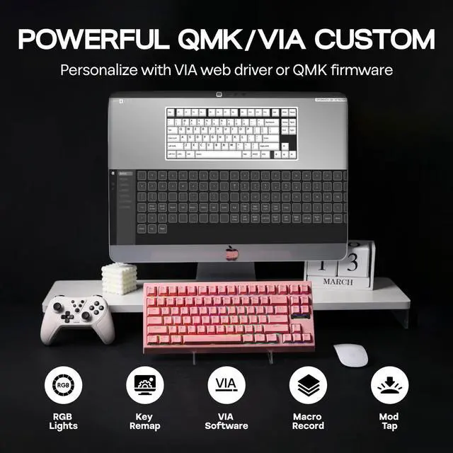 Alt view image 3 of 7 - EPOMAKER G84 80% RGB Gaming Mechanical Keyboard, 2.4GHz/ Type-C/BT Wireless Keyboard, QMK/VIA Programmable, Hot-Swappable, NKRO, with Shine Through PBT Keycaps for Gamers (Pink, Creamy Jade Switch)