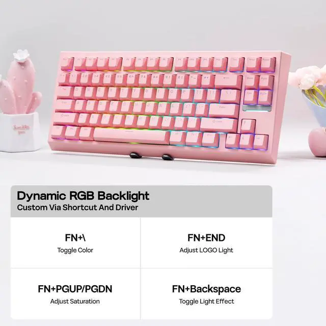 Alt view image 6 of 7 - EPOMAKER G84 80% RGB Gaming Mechanical Keyboard, 2.4GHz/ Type-C/BT Wireless Keyboard, QMK/VIA Programmable, Hot-Swappable, NKRO, with Shine Through PBT Keycaps for Gamers (Pink, Creamy Jade Switch)