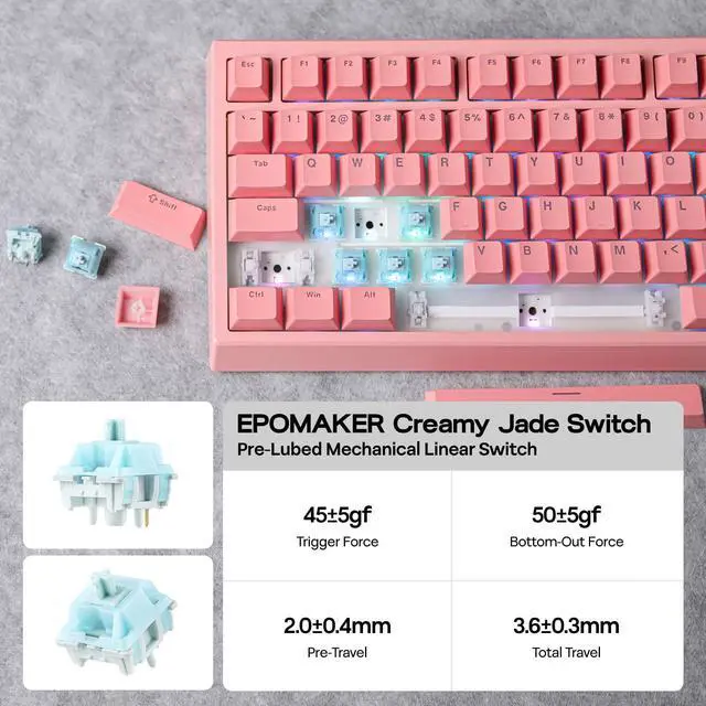 Alt view image 7 of 7 - EPOMAKER G84 80% RGB Gaming Mechanical Keyboard, 2.4GHz/ Type-C/BT Wireless Keyboard, QMK/VIA Programmable, Hot-Swappable, NKRO, with Shine Through PBT Keycaps for Gamers (Pink, Creamy Jade Switch)