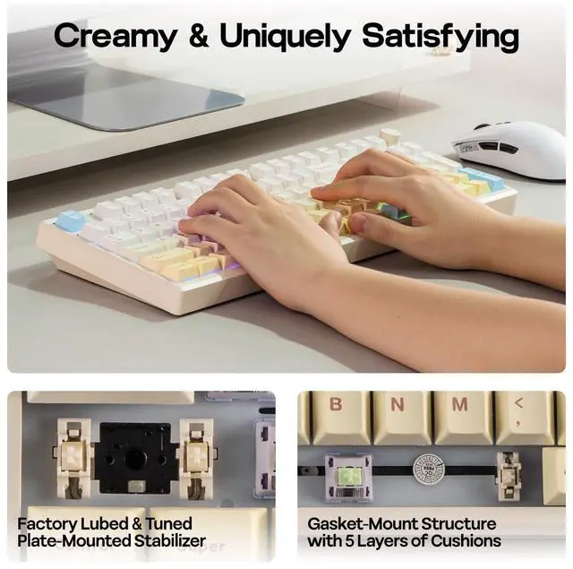 Alt view image 5 of 7 - EPOMAKER Galaxy100 Lite QMK/VIA Gaming Keyboard with 8000mAh Battery and Numpad, 1800 Aluminum Mechanical Keyboard, USB-C/BT/2.4Ghz, Hot-Swap, Creamy Sound (Creamy White, Marble White Switch)