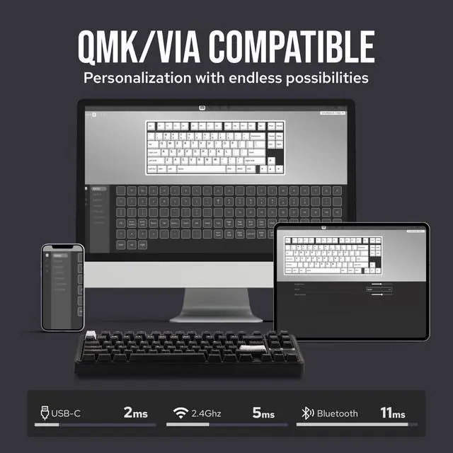 Alt view image 6 of 7 - EPOMAKER TH85 QMK/VIA Wireless Gaming Keyboard, BT5.0/2.4GHz/USB-C, Hot Swappable Pre-lubed Custom Creamy Jade Linear Switches, Gasket Creamy Keyboard for PC/Mac/Office/Gaming (Black)