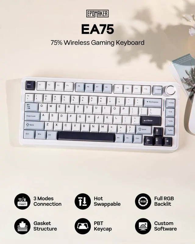 Alt view image 2 of 7 - EPOMAKER EA75 75% RGB Gaming Mechanical Keyboard, 2.4GHz/Type-C/BT Creamy Wireless Keyboard with Knob, Shine Through PBT Keycaps, Hot Swappable for Gamers (Light Blue, Reaper Switch)