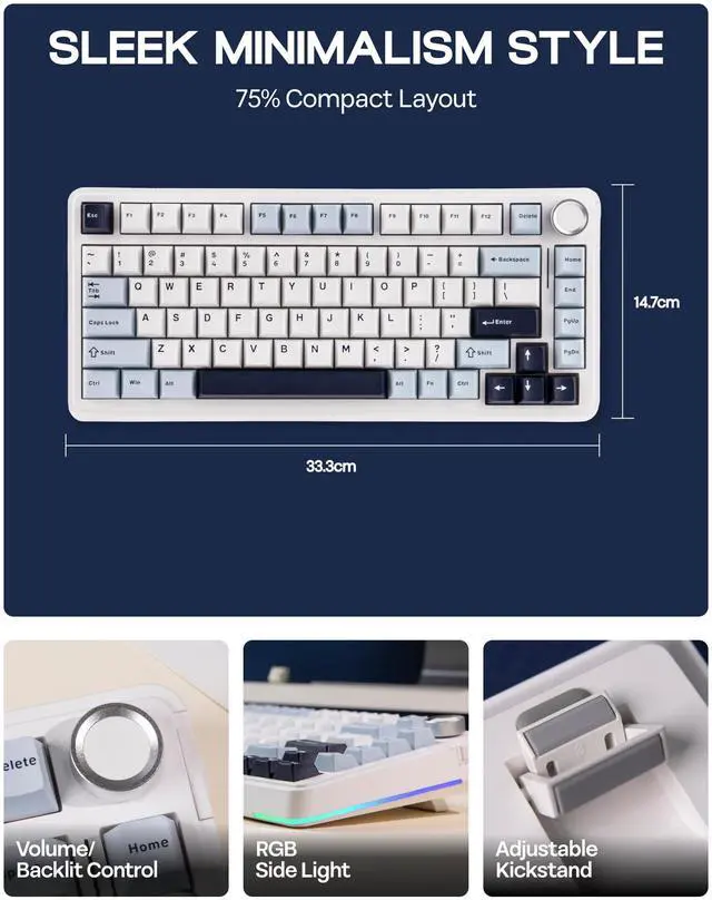 Alt view image 4 of 7 - EPOMAKER EA75 75% RGB Gaming Mechanical Keyboard, 2.4GHz/Type-C/BT Creamy Wireless Keyboard with Knob, Shine Through PBT Keycaps, Hot Swappable for Gamers (Light Blue, Reaper Switch)