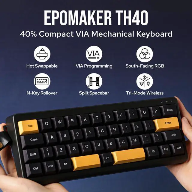 Alt view image 2 of 7 - EPOMAKER TH40 40% Layout QMK/VIA Wireless Mechanical Keyboard, Hot Swappable, Bluetooth/2.4GHz/USB-C, 44 Keys Gasket Mount, RGB Backlit (Black, Wisteria Linear Switch)