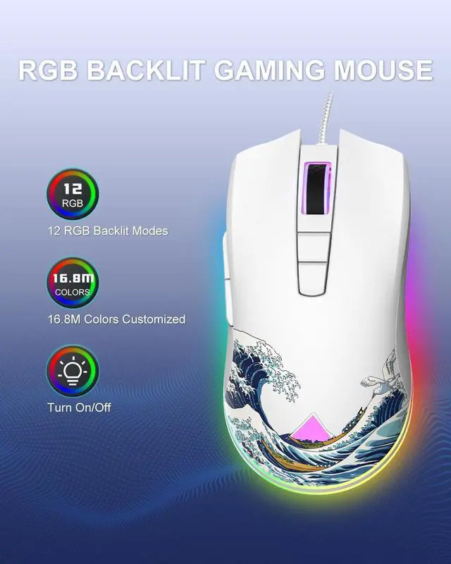Alt view image 2 of 7 - COSTOM Womier G705 USB Wired Gaming Mouse for PC Computer Windows Mac Laptop, Lightweight Silent RGB Backlit Mouse with Adjustable 12000DPI/7 Programmable Side Buttons,White Kanagawa Theme