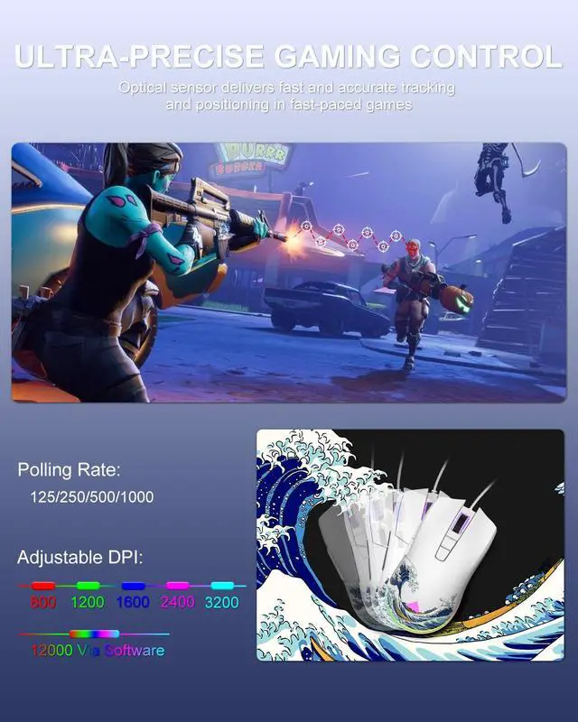 Alt view image 3 of 7 - COSTOM Womier G705 USB Wired Gaming Mouse for PC Computer Windows Mac Laptop, Lightweight Silent RGB Backlit Mouse with Adjustable 12000DPI/7 Programmable Side Buttons,White Kanagawa Theme