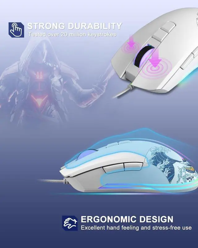 Alt view image 4 of 7 - COSTOM Womier G705 USB Wired Gaming Mouse for PC Computer Windows Mac Laptop, Lightweight Silent RGB Backlit Mouse with Adjustable 12000DPI/7 Programmable Side Buttons,White Kanagawa Theme