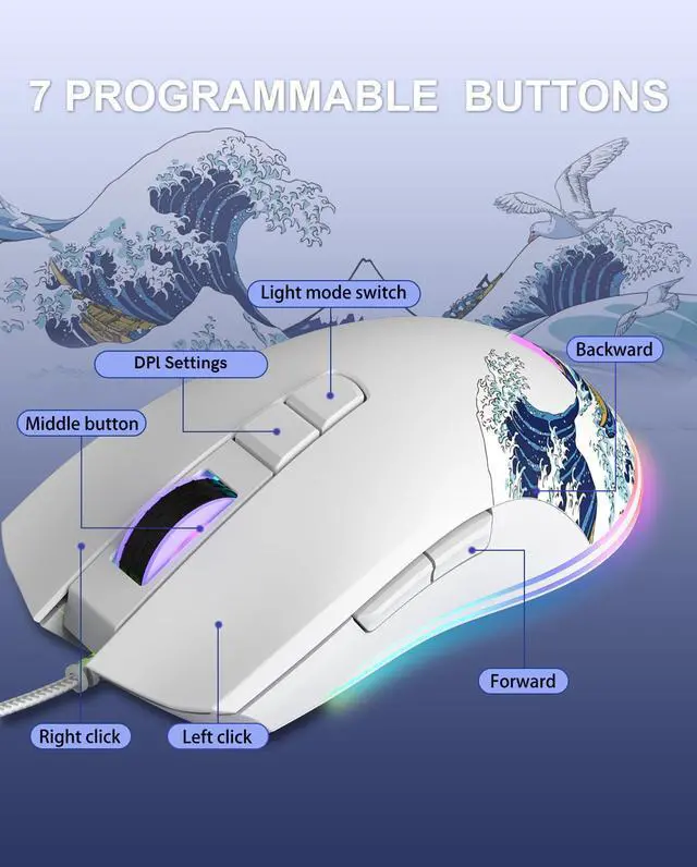 Alt view image 6 of 7 - COSTOM Womier G705 USB Wired Gaming Mouse for PC Computer Windows Mac Laptop, Lightweight Silent RGB Backlit Mouse with Adjustable 12000DPI/7 Programmable Side Buttons,White Kanagawa Theme