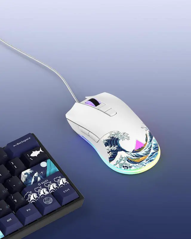 Alt view image 7 of 7 - COSTOM Womier G705 USB Wired Gaming Mouse for PC Computer Windows Mac Laptop, Lightweight Silent RGB Backlit Mouse with Adjustable 12000DPI/7 Programmable Side Buttons,White Kanagawa Theme