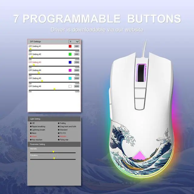 Alt view image 5 of 7 - COSTOM Womier G705 USB Wired Gaming Mouse for PC Computer Windows Mac Laptop, Lightweight Silent RGB Backlit Mouse with Adjustable 12000DPI/7 Programmable Side Buttons,White Kanagawa Theme