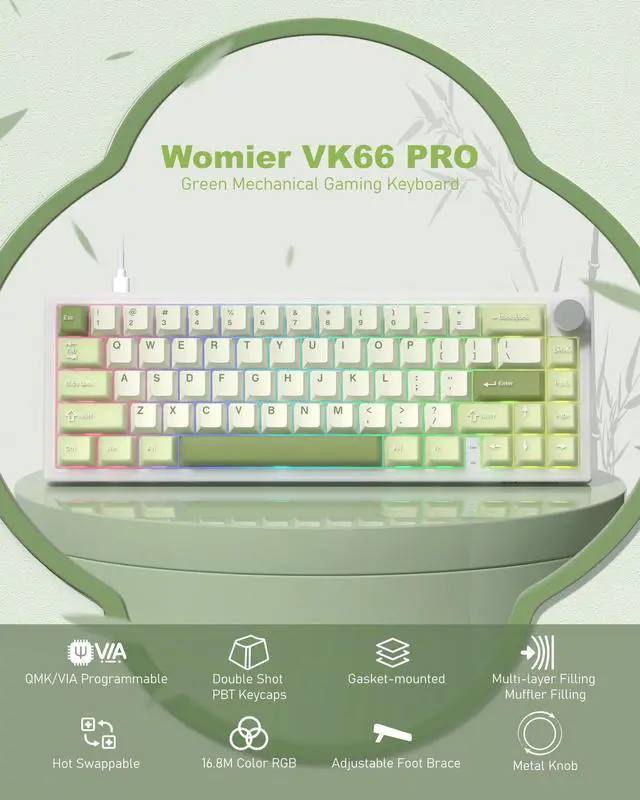 Alt view image 2 of 6 - Womier 60% Gaming Mechanical Keyboard Green QMK/VIA Creamy Keyboard Wired, Hot Swappable Gasket Mount RGB Key Board & PBT Keycaps(VK66 PRO)