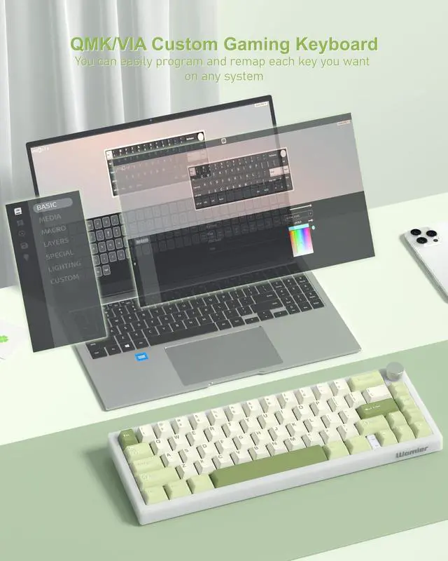 Alt view image 3 of 6 - Womier 60% Gaming Mechanical Keyboard Green QMK/VIA Creamy Keyboard Wired, Hot Swappable Gasket Mount RGB Key Board & PBT Keycaps(VK66 PRO)