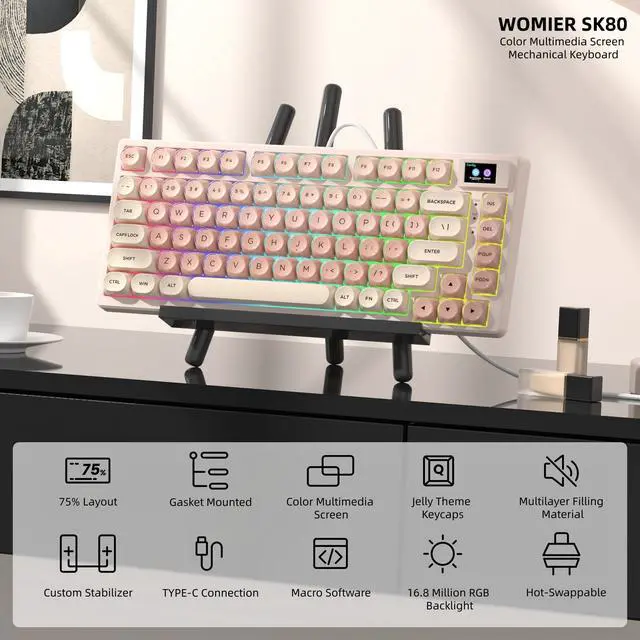 Alt view image 10 of 13 - Womier S-K80 75% Keyboard with Color Multimedia Display Mechanical Gaming Keyboard, Wired Hot Swappable Gasket Mount RGB Custom Key Board, Pre-lubed Stabilizer for Mac/Win, Black Kanagawa