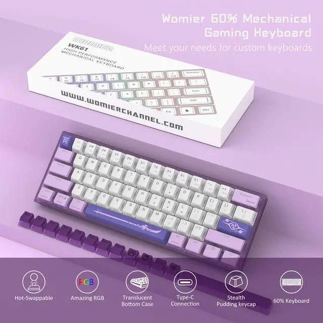 Alt view image 7 of 7 - Womier 60% Percent Keyboard,WK61 V2 Mechanical RGB Wired Gaming Keyboard,Hot-Swappable Creamy Key Board with PBT Keycaps,Linear Red Switch for Windows/MAC (Purple)