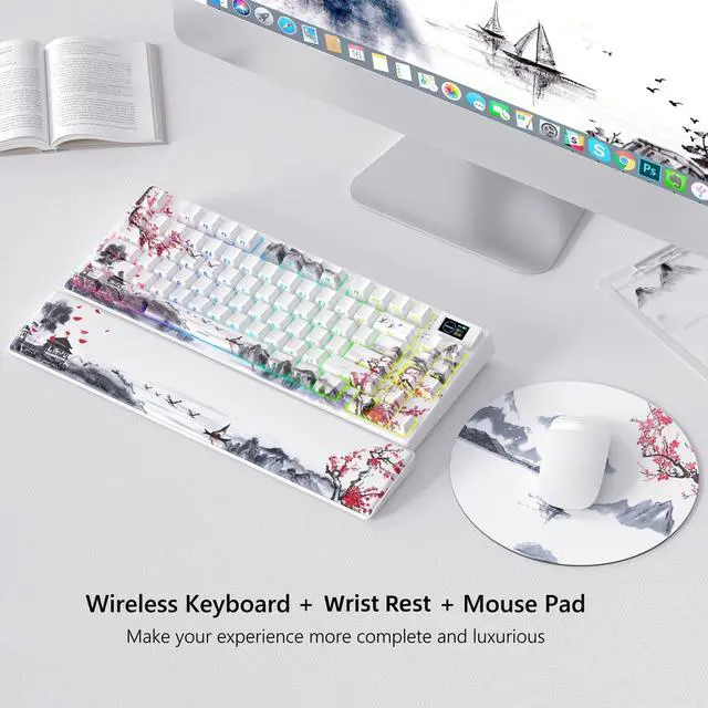 Alt view image 2 of 7 - Womier 75% Wireless Mechanical Keyboard with Color Multimedia Screen Gaming Creamy Keyboard, Theme 3-Modes Hot Swappable Key Board w/Wrist Rest,SK80 PRO Gasket RGB Custom for Mac/Win,Red Plum