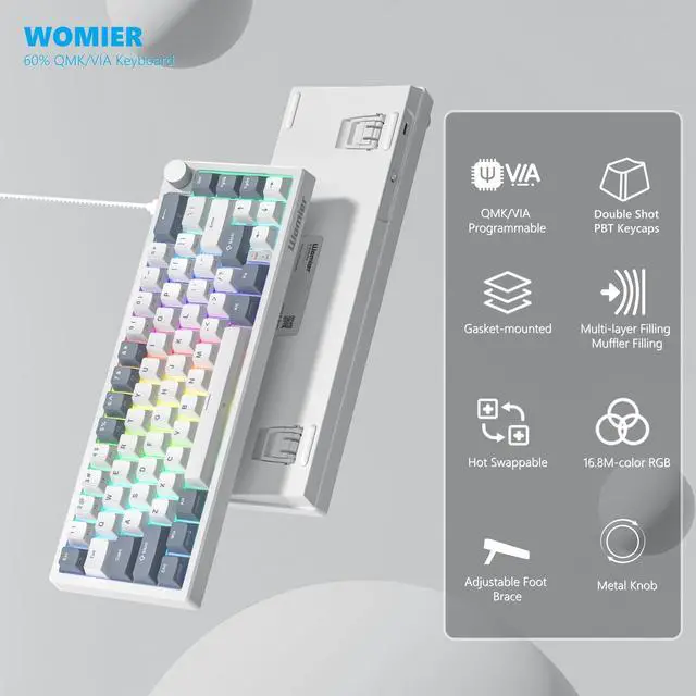 Alt view image 5 of 7 - Womier VK66 PRO 60% Gaming Keyboard Wired, QMK/VIA Creamy Mechanical Keyboard, Hot Swappable Gasket Mount RGB Key Board & Translucent Keycaps (White)