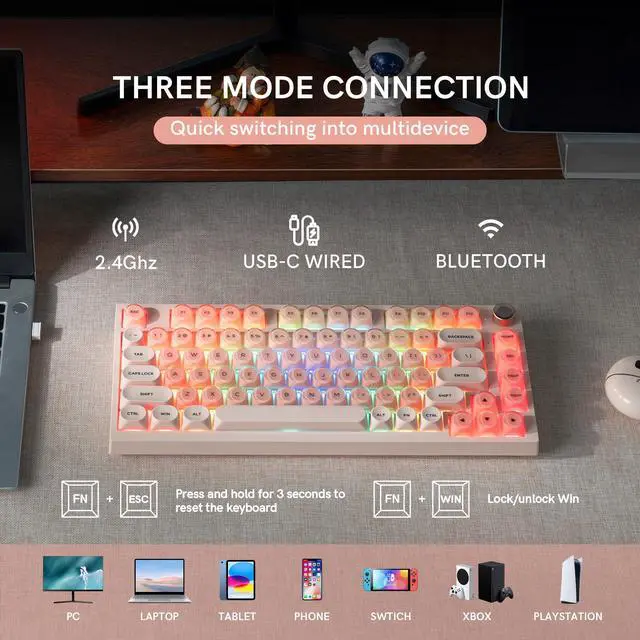 Alt view image 3 of 7 - COSTOM WK75 75% Wireless Gaming Mechanical Keyboard,BT5.0/2.4GHz/USB-C, Hot Swappable Pre-lubed Custom Linear Switches,Gasket Structure,RGB Backlit Keyboard for PC/Laptop/Xbox/PS4/PS5 (Pink)