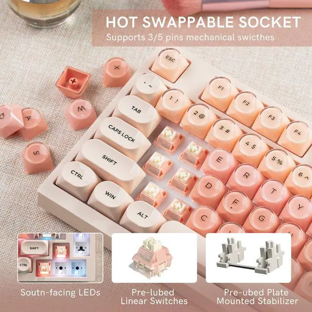 Alt view image 6 of 7 - COSTOM WK75 75% Wireless Gaming Mechanical Keyboard,BT5.0/2.4GHz/USB-C, Hot Swappable Pre-lubed Custom Linear Switches,Gasket Structure,RGB Backlit Keyboard for PC/Laptop/Xbox/PS4/PS5 (Pink)