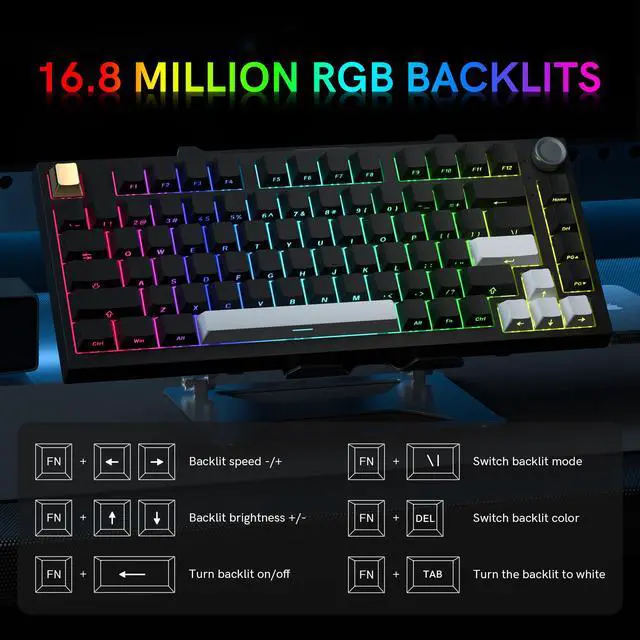 Alt view image 3 of 7 - Keymatic Wireless Mechanical Keyboard,75% Hot Swappable Custom Keyboard with Knob,RGB Backlit,Side Printed PBT Keycaps,2.4GHz/USB-C/BT5.0 Mechanical Gaming Keyboards