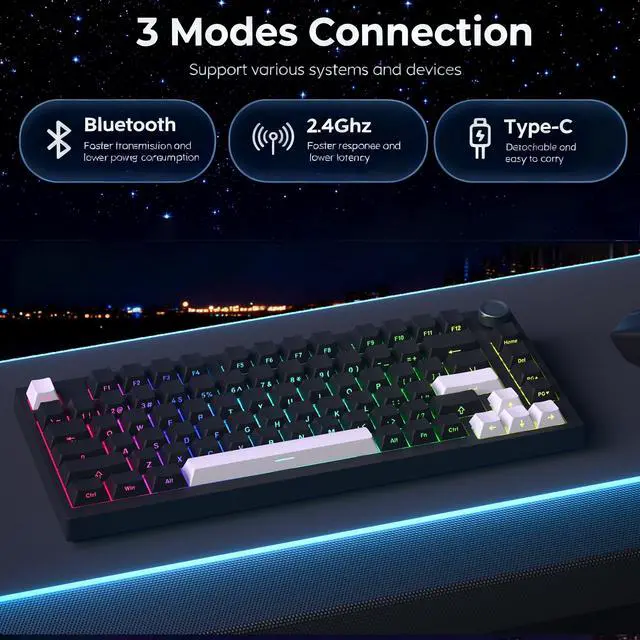 Alt view image 2 of 7 - Keymatic Wireless Mechanical Keyboard,75% Hot Swappable Custom Keyboard with Knob,RGB Backlit,Side Printed PBT Keycaps,2.4GHz/USB-C/BT5.0 Mechanical Gaming Keyboards